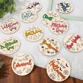 JarThenaAMCS 12Pcs First Holiday Baby Milestone Cards Double-deck Wooden Discs Announcement Sign Newborn Photography Prop for Pregnancy Baby Shower Party Gift Supplies