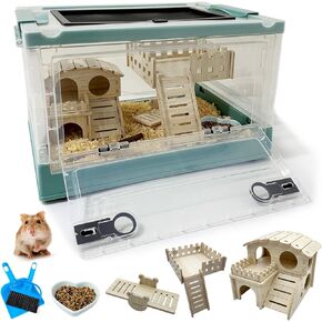 Niwaes Foldable Hamster Cages Kits 6 Pack Portable Dwarf Rat Cage with Wheels-360° Viewing Transparent Plastic Habitat and Castle Platform Food Bowl for Mice Mouse Blue 15.5X 11.6 x 9.4in