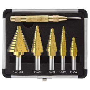 HOTS Step Drill Bit Set & Automatic Center Punch Unibit, Cobalt Titanium Set, 5pcs Hss Multiple Hole 50 Sizes (1/8In-1 3/8In) High-Speed Metal Steel with Aluminum Case