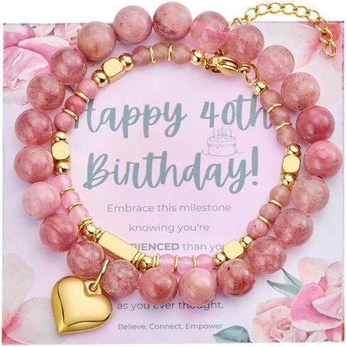 Bivei 21st Birthday Gifts for Women Girl, Natural Semi Precious Crystal Healing Stone Beads Heart Charm Stretch Beaded Birthday Bracelets for Her Best Friend Girlfriend Sister Daughter - Pink in Saudi Arabia