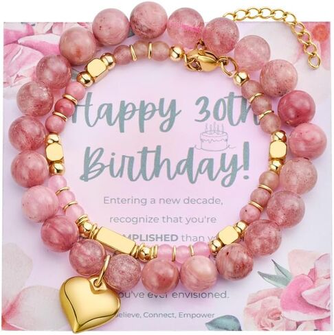 Bivei 21st Birthday Gifts for Women Girl, Natural Semi Precious Crystal Healing Stone Beads Heart Charm Stretch Beaded Birthday Bracelets for Her Best Friend Girlfriend Sister Daughter - Pink in Saudi Arabia