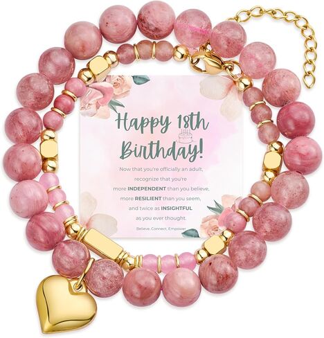 Bivei 21st Birthday Gifts for Women Girl, Natural Semi Precious Crystal Healing Stone Beads Heart Charm Stretch Beaded Birthday Bracelets for Her Best Friend Girlfriend Sister Daughter - Pink in Saudi Arabia