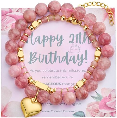Bivei 21st Birthday Gifts for Women Girl, Natural Semi Precious Crystal Healing Stone Beads Heart Charm Stretch Beaded Birthday Bracelets for Her Best Friend Girlfriend Sister Daughter - Pink in Saudi Arabia