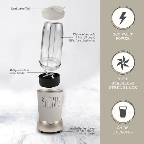 Rae Dunn Personal Blender 600W | 24oz Capacity | BPA-Free Jar | Crushes Ice | Leak-Proof | Anti-Slip Feet | Dishwasher Safe, Cream in Saudi Arabia