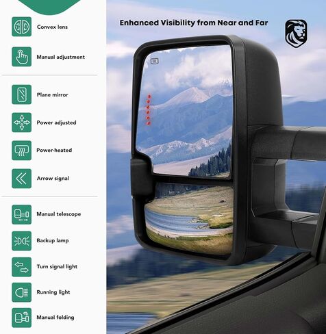 YHTAUTO Towing Mirrors for 07-14 Silverado Sierra, Tahoe, Yukon(XL), Suburban, Avalanche, Power Adjusted Heated, Arrow & Turn Signal, Led Backup Light, Telescoping Driver & Passenger Side Car Mirrors in Kuwait