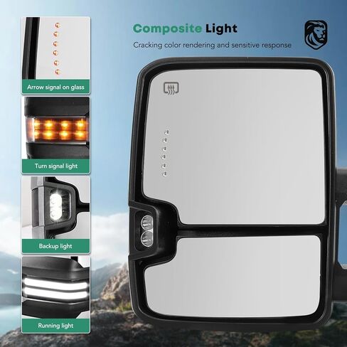 YHTAUTO Towing Mirrors for 07-14 Silverado Sierra, Tahoe, Yukon(XL), Suburban, Avalanche, Power Adjusted Heated, Arrow & Turn Signal, Led Backup Light, Telescoping Driver & Passenger Side Car Mirrors in Kuwait