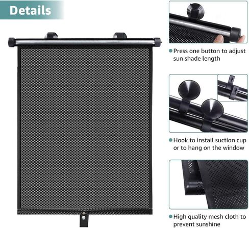 مظلة شمسية لنافذة جانبية للسيارة - عبوتان من مظلة شمسية دوارة للسيارة قابلة للسحب، ظلال لنافذة السيارة للحماية من الأشعة فوق البنفسجية ووهج الشمس وإكسسوارات سفر سيارة الأطفال (15 بوصة × 17 بوصة) in Kuwait