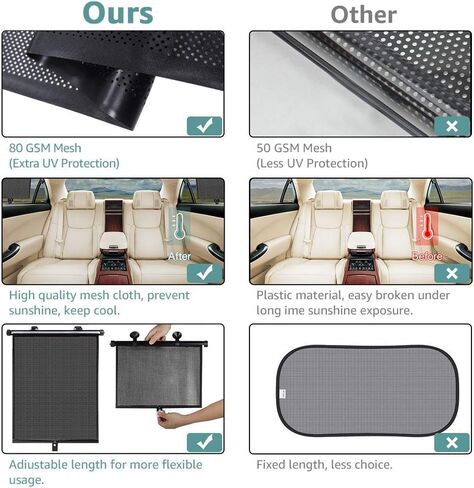 مظلة شمسية لنافذة جانبية للسيارة - عبوتان من مظلة شمسية دوارة للسيارة قابلة للسحب، ظلال لنافذة السيارة للحماية من الأشعة فوق البنفسجية ووهج الشمس وإكسسوارات سفر سيارة الأطفال (15 بوصة × 17 بوصة) in Kuwait