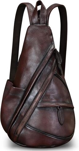 حقيبة ظهر من الجلد الطبيعي من FEIGITOR حقيبة ظهر كروس كلاسيكية مصنوعة يدويًا على الصدر والكتف والمشي لمسافات طويلة حقيبة نهارية ومحفظة لركوب الدراجات in Kuwait