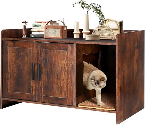 BriSunshine Cat Litter Box Enclosure Furniture, Hidden Cat Litter Box with Scratching Pad, Wooden Cat Washroom Furniture Cat House Cabinet, 31.5" L x 18.3" W x 19.8" H, Rustic Brown in Kuwait