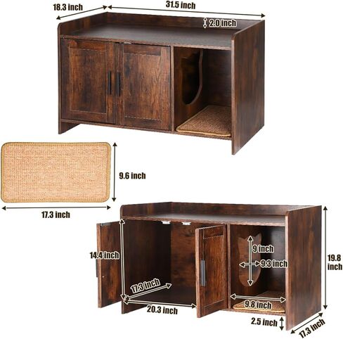BriSunshine Cat Litter Box Enclosure Furniture, Hidden Cat Litter Box with Scratching Pad, Wooden Cat Washroom Furniture Cat House Cabinet, 31.5" L x 18.3" W x 19.8" H, Rustic Brown in Kuwait
