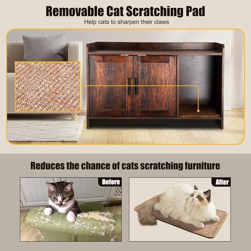 BriSunshine Cat Litter Box Enclosure Furniture, Hidden Cat Litter Box with Scratching Pad, Wooden Cat Washroom Furniture Cat House Cabinet, 31.5" L x 18.3" W x 19.8" H, Rustic Brown in Kuwait