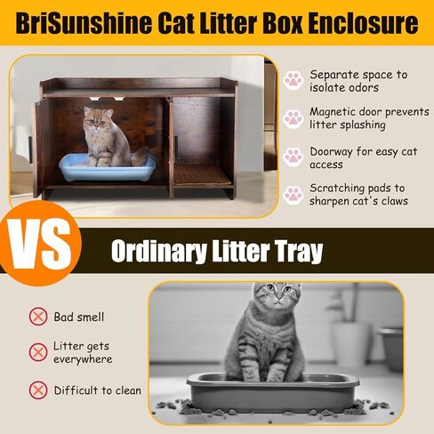 BriSunshine Cat Litter Box Enclosure Furniture, Hidden Cat Litter Box with Scratching Pad, Wooden Cat Washroom Furniture Cat House Cabinet, 31.5" L x 18.3" W x 19.8" H, Rustic Brown in Kuwait