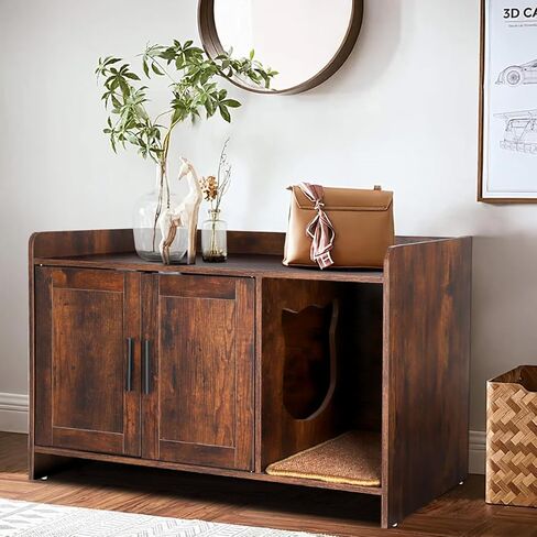 BriSunshine Cat Litter Box Enclosure Furniture, Hidden Cat Litter Box with Scratching Pad, Wooden Cat Washroom Furniture Cat House Cabinet, 31.5" L x 18.3" W x 19.8" H, Rustic Brown in Kuwait