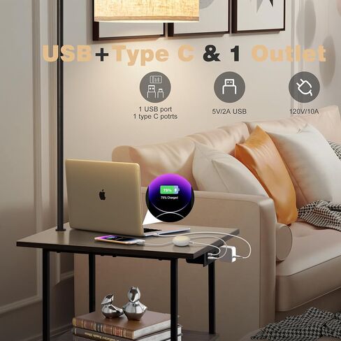 مصباح أرضي من PESRAE مع طاولة، طاولة نهاية مع محطة شحن (USB ونوع C ومنفذ تيار متردد)، 3 درجات حرارة ألوان 9 وات لمبة LED، أرفف حديثة وطاولة جانبية لغرفة النوم وغرفة المعيشة in Kuwait