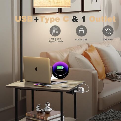 مصباح أرضي من PESRAE مع طاولة، طاولة نهاية مع محطة شحن (USB ونوع C ومنفذ تيار متردد)، 3 درجات حرارة ألوان 9 وات لمبة LED، أرفف حديثة وطاولة جانبية لغرفة النوم وغرفة المعيشة in Kuwait