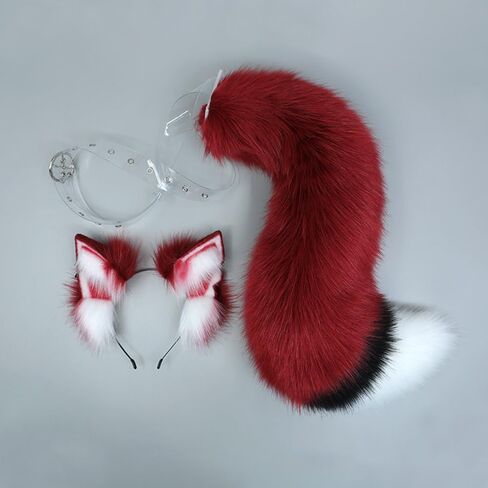 TTYAO REII Fox Wolf Cat Ears and Tail Set Wine Red Furry Ears Headband with Tail Animals Ears Tail for Cosplay Costume in Saudi Arabia