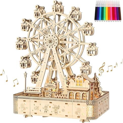 3D Wooden Puzzle for Adults, Ferris Wheels Music Model Kits with Markers for Kids, Wooden Music Box Built-in LED Light, Mechanical DIY Craft Kits Birthday for Adults/Teens Home Decor in Kuwait