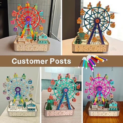3D Wooden Puzzle for Adults, Ferris Wheels Music Model Kits with Markers for Kids, Wooden Music Box Built-in LED Light, Mechanical DIY Craft Kits Birthday for Adults/Teens Home Decor in Kuwait