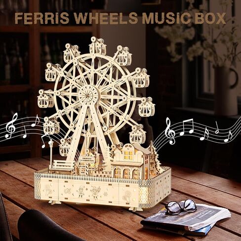 3D Wooden Puzzle for Adults, Ferris Wheels Music Model Kits with Markers for Kids, Wooden Music Box Built-in LED Light, Mechanical DIY Craft Kits Birthday for Adults/Teens Home Decor in Kuwait