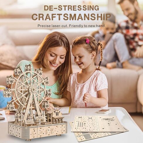 3D Wooden Puzzle for Adults, Ferris Wheels Music Model Kits with Markers for Kids, Wooden Music Box Built-in LED Light, Mechanical DIY Craft Kits Birthday for Adults/Teens Home Decor in Kuwait