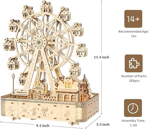 3D Wooden Puzzle for Adults, Ferris Wheels Music Model Kits with Markers for Kids, Wooden Music Box Built-in LED Light, Mechanical DIY Craft Kits Birthday for Adults/Teens Home Decor in Kuwait