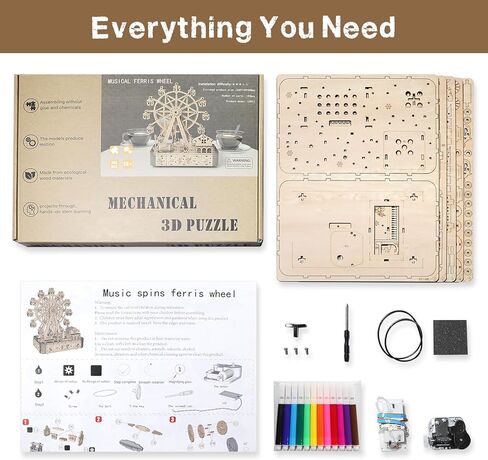 3D Wooden Puzzle for Adults, Ferris Wheels Music Model Kits with Markers for Kids, Wooden Music Box Built-in LED Light, Mechanical DIY Craft Kits Birthday for Adults/Teens Home Decor in Kuwait