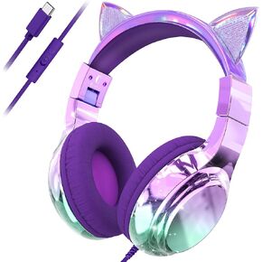 QearFun USB C Kids Cat Ear Wired Headphones with Mic, 85/94dB Volume Limit | Kids headphones with cord, foldable on-ear fit, tangle-free, sharing port for school, Chromebook, tablet, travel, boys girls in Kuwait