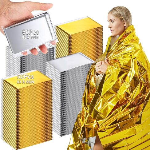 Copkim 100 Pcs Emergency Foil Thermal Blankets Bulk 83" x 55" Reflective Space Blanket, Waterproof Individually Wrap Lightweight Survival Blanket for Camping Outdoor Hiking Homeless First Aid, Silver in Kuwait