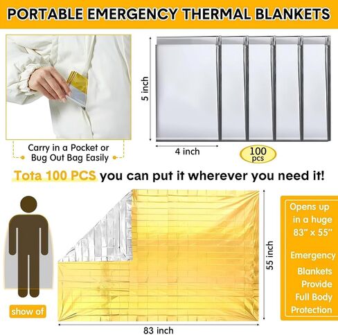 Copkim 100 Pcs Emergency Foil Thermal Blankets Bulk 83" x 55" Reflective Space Blanket, Waterproof Individually Wrap Lightweight Survival Blanket for Camping Outdoor Hiking Homeless First Aid, Silver in Kuwait