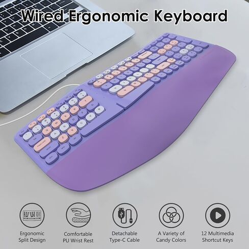 Lomiluskr Wired Ergonomic Keyboard with PU Wrist Rest, Carpal Tunnel Keyboard, Colorful Split Ergo Design, Comfortable Natural Typing, Compatible with PC/Laptop (Purple) in Saudi Arabia