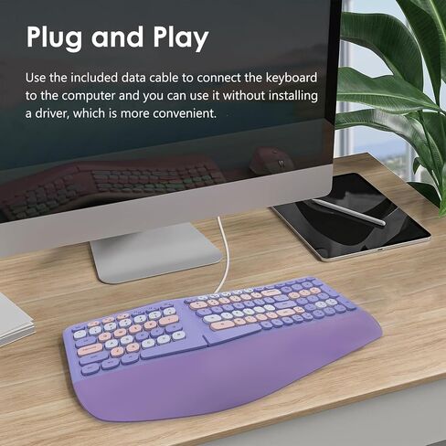 Lomiluskr Wired Ergonomic Keyboard with PU Wrist Rest, Carpal Tunnel Keyboard, Colorful Split Ergo Design, Comfortable Natural Typing, Compatible with PC/Laptop (Purple) in Saudi Arabia