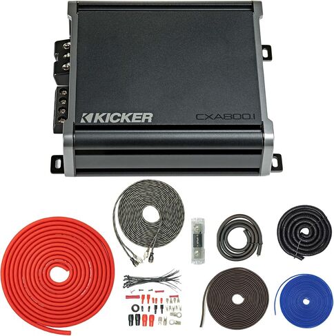Kicker 46CXA8001 800W CX Series Mono Class D Subwoofer Amplifier + SoundBox T4AW-R 4 Gauge Amp Kit Bundle - One-Ohm Stable، Variable 12dB Crossover، KickEQ Bass Boost، مجموعة تثبيت 4500 واط in Saudi Arabia