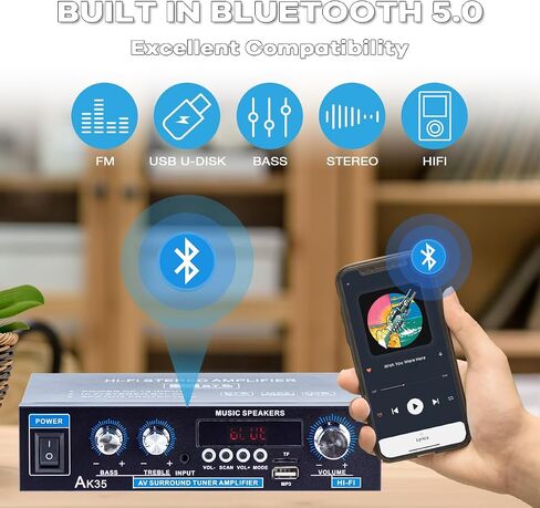 AK35 Bluetooth 5.0 Stereo Amplifier, 2.0 Channel Mini Audio Receiver, 30Wx2 Home HiFi Audio Amp with Bass/Treble Control for Home Theater, TV, Speakers, Car in Saudi Arabia