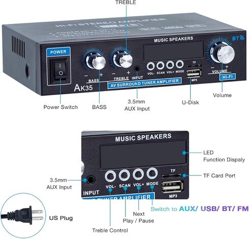 AK35 Bluetooth 5.0 Stereo Amplifier, 2.0 Channel Mini Audio Receiver, 30Wx2 Home HiFi Audio Amp with Bass/Treble Control for Home Theater, TV, Speakers, Car in Saudi Arabia