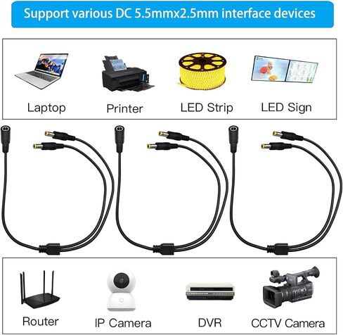 كابل مقسم الطاقة DC 5.5 × 2.5 مم، 3 حزم، 1 إلى 3 طرق 18AWG 12V/24V 10A تيار عالٍ متوافق مع كاميرا CCTV، DVR للأمان، شاشة LCD، الكمبيوتر المحمول، جهاز التوجيه، 2.3 قدم in Kuwait