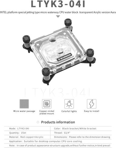 كتلة مياه Barrow LTYK3-04I لوحدة المعالجة المركزية Intel i3 i5 i7 i9 LGA 1700 1200 1156 1155 1151 1150 كتلة مائية نحاسية مع LRC 2.0 5v 3Pin aRGB LED ومحول (أسود) in Kuwait