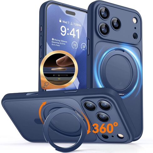 حامل مغناطيسي CANSHN يدور 360 درجة لهاتف iPhone 17 Pro مع التحكم في الكاميرا [حماية كاملة للكاميرا] [متوافق مع Magsafe] غطاء هاتف واقٍ شفاف غير لامع مقاوم للصدمات 6.3 بوصة - أزرق غامق in Kuwait