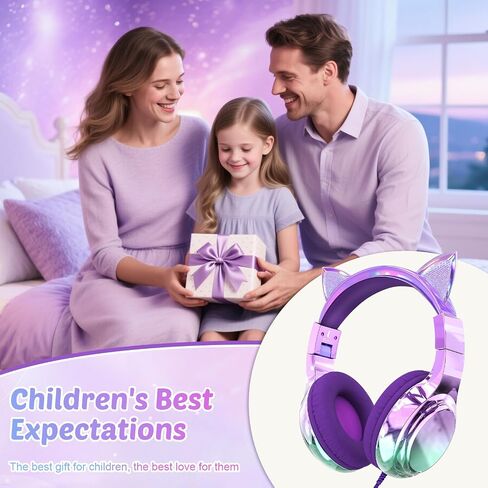QearFun USB C Kids Cat Ear Wired Headphones with Mic, 85/94dB Volume Limit | Kids headphones with cord, foldable on-ear fit, tangle-free, sharing port for school, Chromebook, tablet, travel, boys girls in Kuwait