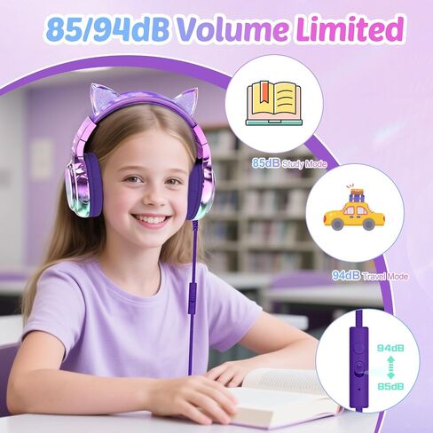 QearFun USB C Kids Cat Ear Wired Headphones with Mic, 85/94dB Volume Limit | Kids headphones with cord, foldable on-ear fit, tangle-free, sharing port for school, Chromebook, tablet, travel, boys girls in Kuwait