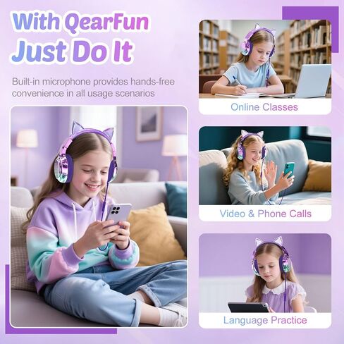 QearFun USB C Kids Cat Ear Wired Headphones with Mic, 85/94dB Volume Limit | Kids headphones with cord, foldable on-ear fit, tangle-free, sharing port for school, Chromebook, tablet, travel, boys girls in Kuwait