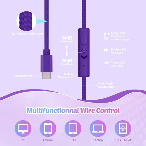 QearFun USB C Kids Cat Ear Wired Headphones with Mic, 85/94dB Volume Limit | Kids headphones with cord, foldable on-ear fit, tangle-free, sharing port for school, Chromebook, tablet, travel, boys girls in Kuwait