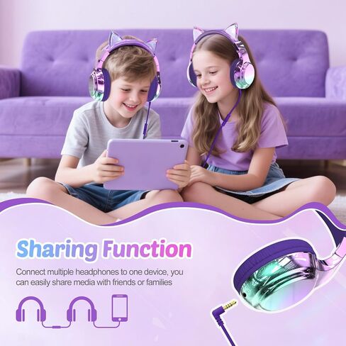 QearFun USB C Kids Cat Ear Wired Headphones with Mic, 85/94dB Volume Limit | Kids headphones with cord, foldable on-ear fit, tangle-free, sharing port for school, Chromebook, tablet, travel, boys girls in Kuwait