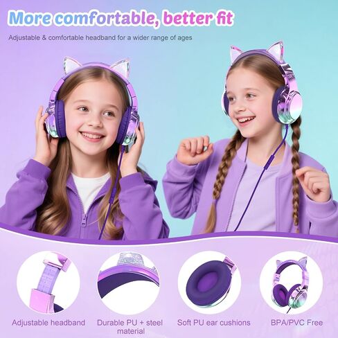 QearFun USB C Kids Cat Ear Wired Headphones with Mic, 85/94dB Volume Limit | Kids headphones with cord, foldable on-ear fit, tangle-free, sharing port for school, Chromebook, tablet, travel, boys girls in Kuwait