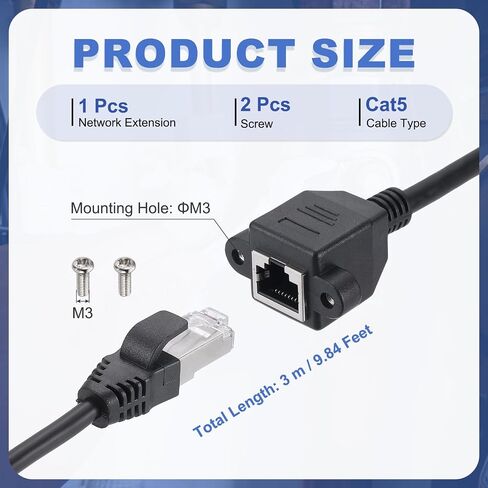 كابل تمديد إيثرنت MECCANIXITY Cat6، 6.6 قدم RJ45 ذكر إلى أنثى موسع كابل إيثرنت مثبت على اللوحة مع برغي 2 قطعة لجهاز راوتر مودم الكمبيوتر المحمول وطابعة التلفزيون الذكية in Saudi Arabia