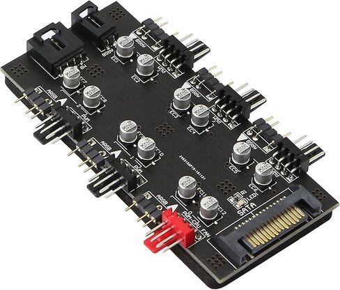12V 4Pin PWM & 5V 3Pin ARGB with SATA 15Pin Power 2-in-1 Hub 6 Way Sync CPU Cooling Fan Addressable RGB Lighting PCB Splitter for Extended Motherboard Interface -Black Compatible with Desktop in Saudi Arabia