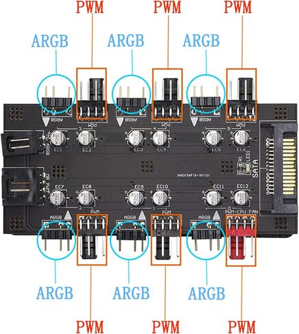 12V 4Pin PWM & 5V 3Pin ARGB with SATA 15Pin Power 2-in-1 Hub 6 Way Sync CPU Cooling Fan Addressable RGB Lighting PCB Splitter for Extended Motherboard Interface -Black Compatible with Desktop in Saudi Arabia