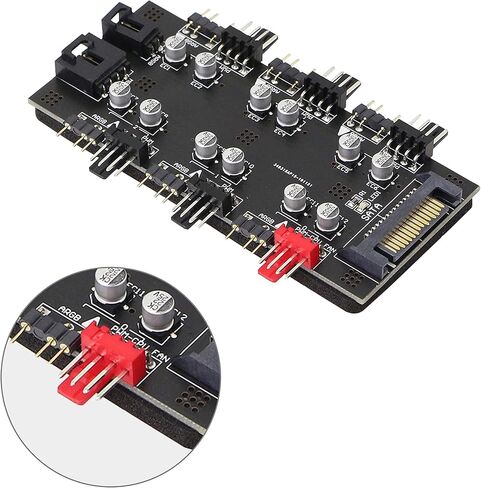 12V 4Pin PWM & 5V 3Pin ARGB with SATA 15Pin Power 2-in-1 Hub 6 Way Sync CPU Cooling Fan Addressable RGB Lighting PCB Splitter for Extended Motherboard Interface -Black Compatible with Desktop in Saudi Arabia