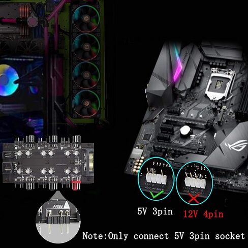 12V 4Pin PWM & 5V 3Pin ARGB with SATA 15Pin Power 2-in-1 Hub 6 Way Sync CPU Cooling Fan Addressable RGB Lighting PCB Splitter for Extended Motherboard Interface -Black Compatible with Desktop in Saudi Arabia