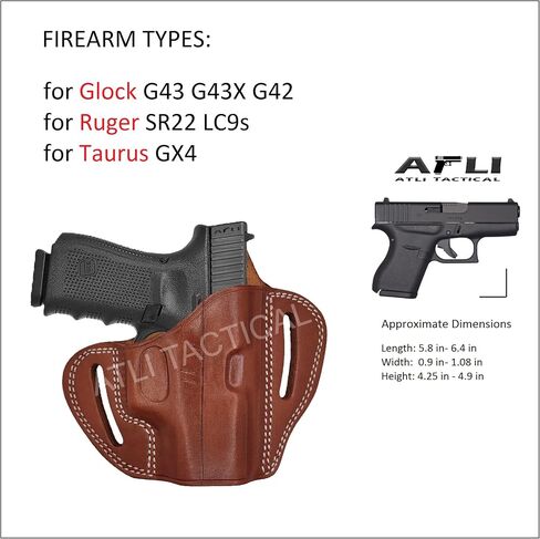 حافظة جلدية OWB لـ Glock 43 - حافظة OWB لـ Glock 43x - لـ G42، G43، G43X، Mos/Rgr SR22، LC9s / Taurus GX4 - حافظات جلدية لـ Glock 42 - حافظات الفطائر G43x Mos - حافظة مسدس من جلد العجل in Kuwait